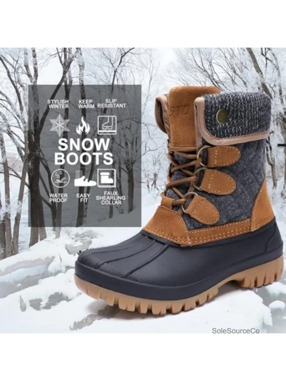 Women's Waterproof Insulated Duck Snow Boots with Fleece Lining, Lug Sole